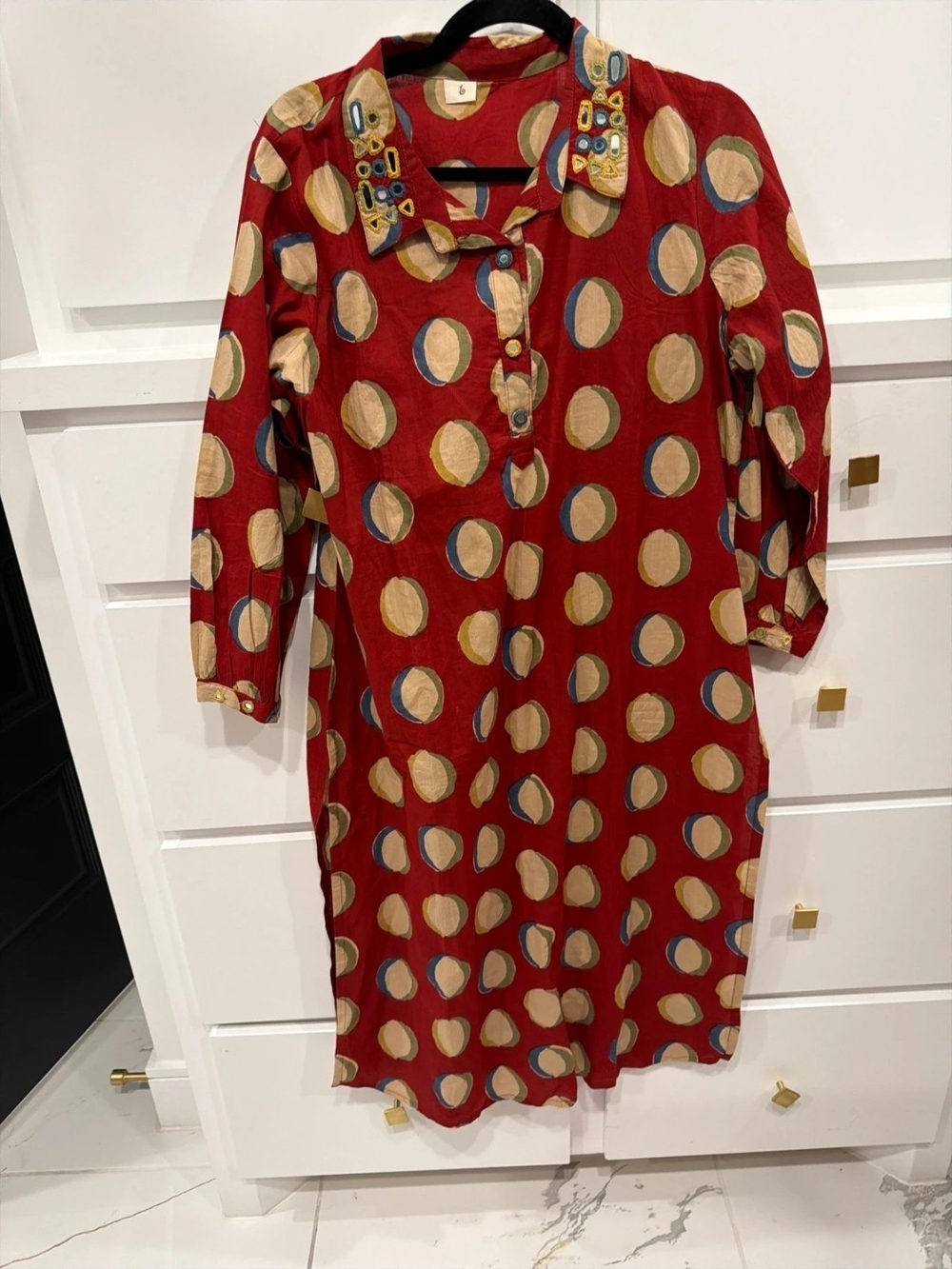 Womens INDIAN Red Polka Dot Shirt Dress with Embroidered Collar